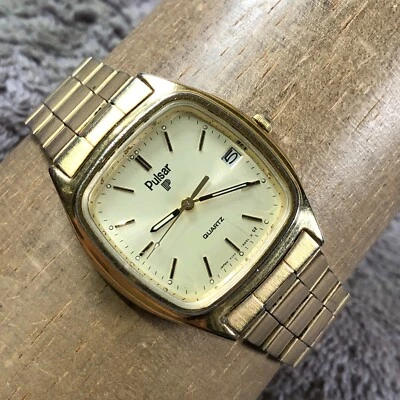 Vintage Pulsar Men Y147-5009 Fashion Date Gold Tone Quartz Analog 33mm Watch 8" - Image 1 of 4