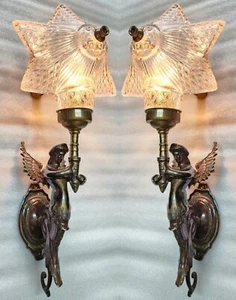 Pair Antique Vintage Art Deco Nouveau Brass Mermaid Wall Sconces Light Lamp - Picture 1 of 8