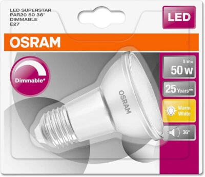 Osram LED Superstar PAR20 5W = 50W E27 36° dimmbar warmweiß EEK:F (Spektrum A-G) - Bild 1 von 3