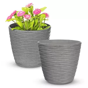 2 X PLASTIC MODERN PLANT FLOWER POT DECORATIVE WAVE IN/OUTDOOR 18CM GREY DECOR - Picture 1 of 11