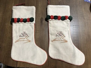 2 World Market Christmas Stockings 18” Wool Cotton Lining Reindeer Pom Poms EUC! - Picture 1 of 6