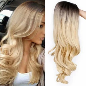 Dark Brown Root to Gold Ombre Long Wavy Curly Blonde Wig Women Synthetic Hair - Picture 1 of 6