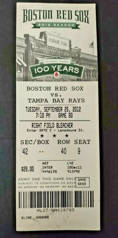 BOSTON RED SOX VS TAMPA BAY RAYS VINTAGE ORIGINAL FENWAY 100 FULL TICKET 9 25 12 Cover
