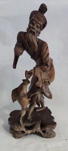 Statua Cinese Pescatore Vintage Legno Intaglio Vecchia Grande 37cm - Foto 1 di 7