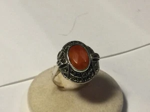 ANELLO ARGENTO,MARCASITE E CORNIOLA.MANIFATTURA ORIENTALE.NUOVO.MISURA 16 - Foto 1 di 10