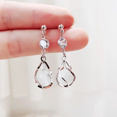 925 Placcato Argento Gioielli Elegante Cristallo Lucente Orecchio a Lobo - Immagine 1 di 4