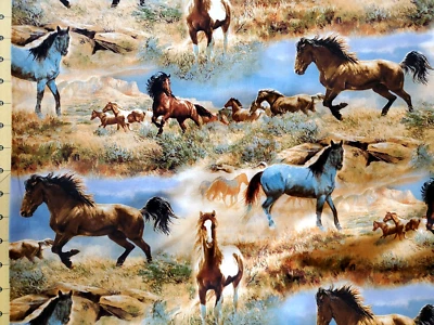 Animal Fabric - Wild Wings Horses in the Prairie Scenic - David Textiles YARD - Image 1 of 4