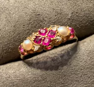 Antiker viktorianischer Ring 18 K Gelbgold Rubin Rosenschliff Diamant Saatperlen 7,25 - Bild 1 von 5
