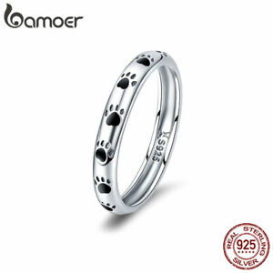 BAMOER Women Solid Finger Ring 925 Sterling silver Enamel Pets Footprint Jewelry