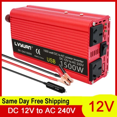 750W 1500W Power Inverter DC 12V to AC 240V Car Van Converter 1 x USB, 2 x AC - image 1 of 4