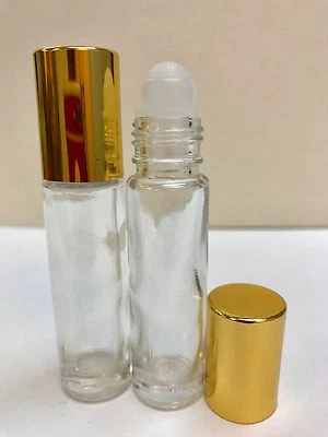 AC 144 Bottles CLEAR 1/3 oz 10ml Glass Roll on W/Aluminum GOLD Cap & Roller