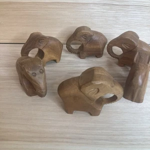 6er Set Serviettenringe handgeschnitzt Holz Safari Elefant braun Esszimmer - Bild 1 von 8