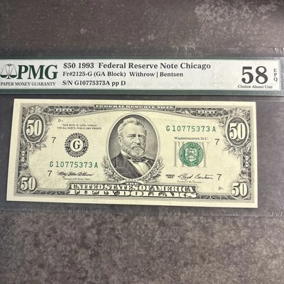 1993 $50 FRN Chicago Fr 2125-G PMG CAU 58 EPQ GA Block 1 Of 3 CONSEC Notes RARE - Image 1 of 4