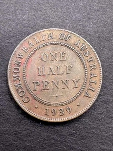1939 Australia Half Penny 1/2p King George VI Coin Commonwealth - Picture 1 of 2