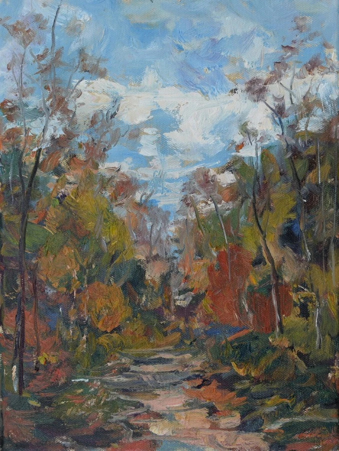 Искусство оригинал картина маслом RM Mortensen «Послеобеденная прогулка» тропа деревья абстрактный - Изображение 1 из 1