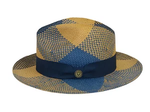 Men's Bruno Capelo Genuine Straw Fedora Hat Cubano CU403 Denim/Cognac - Picture 1 of 9