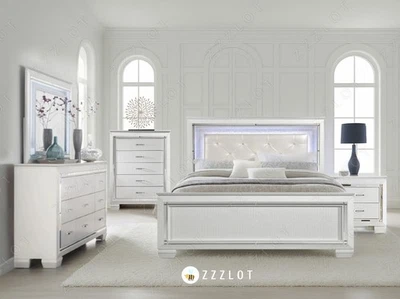 NEW White LED Queen King Full 5PC Bedroom Set Modern Glam Furniture B/D/M/N/C - Image 1 of 4
