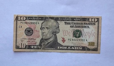 Binary Fancy Serial Number $10 Bill: 9222-9992 - Image 1 of 2