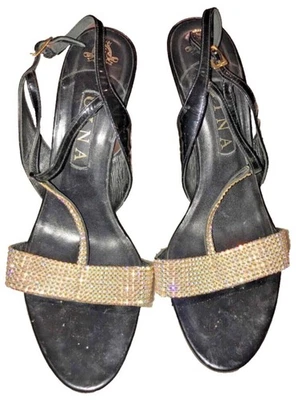 Gina Black Leather Crystal T Strap Platform Ankle Strap Buckled Sandals Size 8 - Image 1 of 4