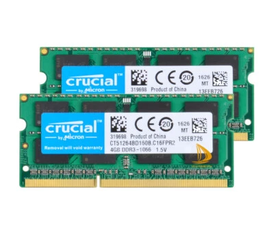 Crucial 2x4GB 2RX8 PC3-8500S DDR3 1066Mhz SODIMM Laptop Memory RAM 204Pin - Image 1 of 4