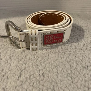 VTG Fossil Belt Heavy Stitching Genuine Leather White Women's Size Medium Boho - Picture 1 of 9