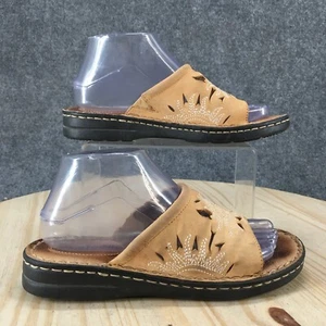 Minnetonka Sandals Womens 8 Cut out Slip On Slide Casual Beige Leather Open Toe - Picture 1 of 19