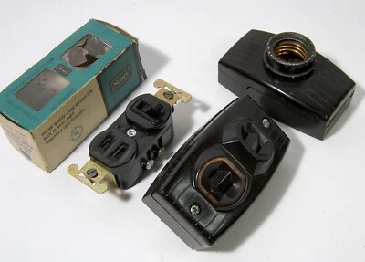 Vintage Mixed lot of 3 Brown Bakelite Electrical Fixtures Plug Switch Receptacle - Image 1 of 4