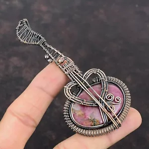Rhodonite Gemstone Jewelry Copper Mum Gift Wire Wrapped Guitar Pendant 3.94" - Picture 1 of 6