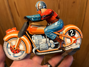 ANTIQUE 1950 TECHNOFIX TIN WIND UP TOY MOTORCYCLE FRANCE WORKS PERFECT RARE