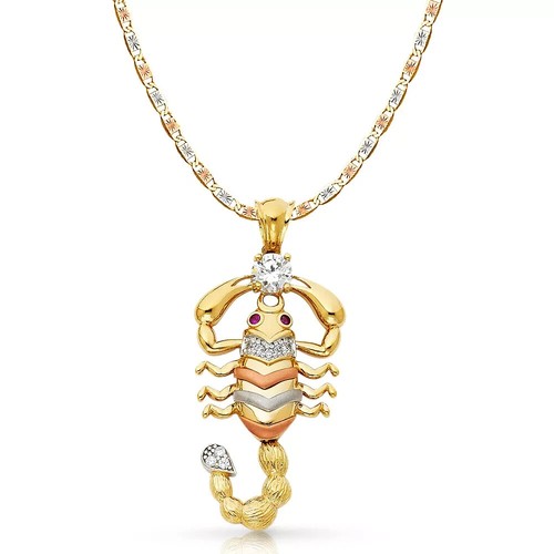Ciondolo Charm Scorpione Zirconi Unisex Oro 14KT Tricolore Valentino con Catena