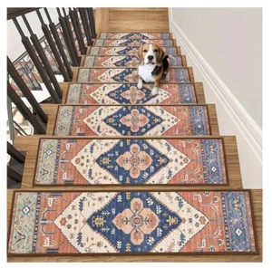 Lahome Nonslip Stair Treads - Box Of 15 - 8" X 30" - Rust/Blue Medallion - Picture 1 of 12