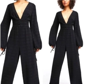 Free People True Lovin Jumpsuit Long Sleeve Linen Wide Leg Black V-Neck Small - Picture 1 of 6