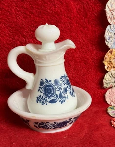 Avon White Milk Glass Pitcher Stopper & Bowl with Dark Delft Blue Floral Design - Picture 1 of 11