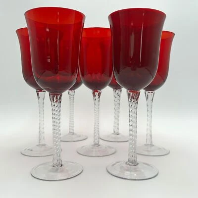 Long Stem, Hand Blown, Red with Clear Twisted Stem Wine Glasses, Set of 7, Tulip - Image 1 of 4