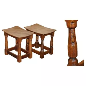 FINE PAIR OF RTESTORED ORIGINAL 1930'S BURR OAK ROBERT MOUSEMAN THOMPSON STOOLS - Picture 1 of 20