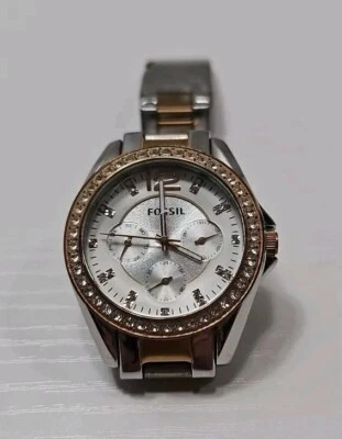 Fossil Riley ES-2787 Ladies Crystal Silver & Rose Gold Quartz Watch New Battery  - Изображение 1 из 4