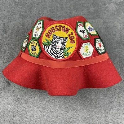 Vtg 80s 90s LL Bean Pure Wool Bucket Hat Red Made In England Houston Zoo Patches - Image 1 of 4