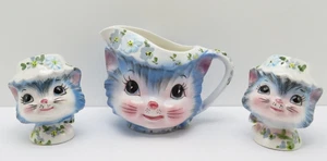 Lefton 1950s Miss Priss Blue Cat Salt & Pepper Shakers #1511 & Creamer #1508 Set - Picture 1 of 24