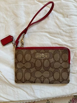 Coach Logo Brown Canvas Wristlet/Wallet With Red Leather Trim And Wrist Strap - Image 1 of 3