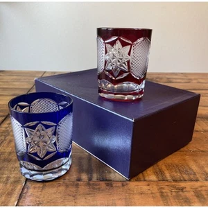 2 Edo Kiriko Yabe Glass Studio "Takeshige" Whiskey Glass Red & Blue. Mint Cond. - Picture 1 of 24