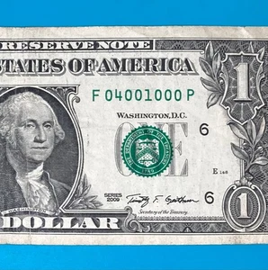 F 04001000 P : Six of a Kind 0 's $1 One Dollar Bill Fancy Serial Number - Picture 1 of 3