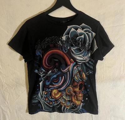 Christian Audigier Skull T-Shirt Allover Print Off Black Medium Rhinestones - Image 1 of 4