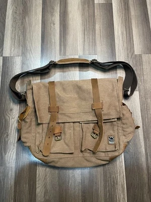 Sechunk Vintage Military Leather Brown & Sand Canvas Messenger Satchel Size Larg - Image 1 of 4