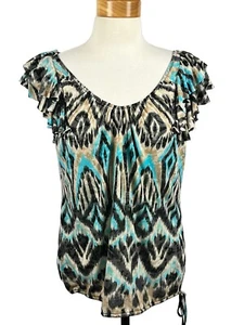 New York & Company Black Multicolor Aztec Print Short Sleeve Blouse Size Large - Picture 1 of 22