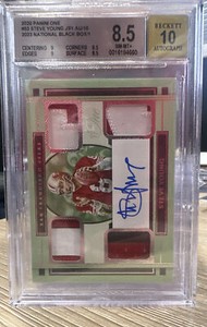 2023 National Black Box 1/1 Steve Young 2020 Panini One Quad Patch Auto BGS 8.5