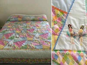 Vintage Hawaiian Full Quilt Bedspread -Patchwork Design-Embroidered Hula Dancers - Picture 1 of 10