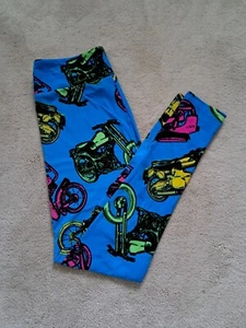 LULAROE WOMENS SIZE OS NWOT LEGGINGS BLUE PINK YELLOW MOTORCYCLE BIKES YOGA - Picture 1 of 4