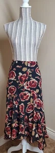 Falda Larga Anne Klein Línea A, Seda Negra Con Floral Talla 14 - Imagen 1 de 3