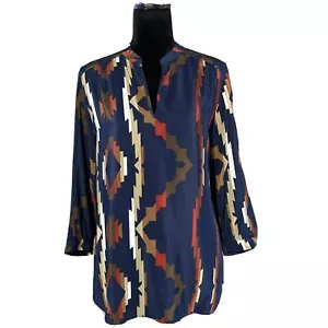 Amanda Uprichard Blouse MED Navy Blue Aztec 100% Silk Hi Low Tunic Top - Picture 1 of 6
