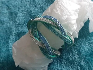 Pretty Crystal Plaited Wrap Bracelet on Faux Aquamarine Colour Suede Band - Picture 1 of 5